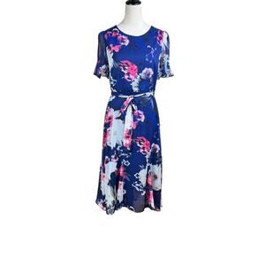 Harper Rose Blue Pink Floral Fit & Flare Flowy Short Sleeve Chiffon Dress